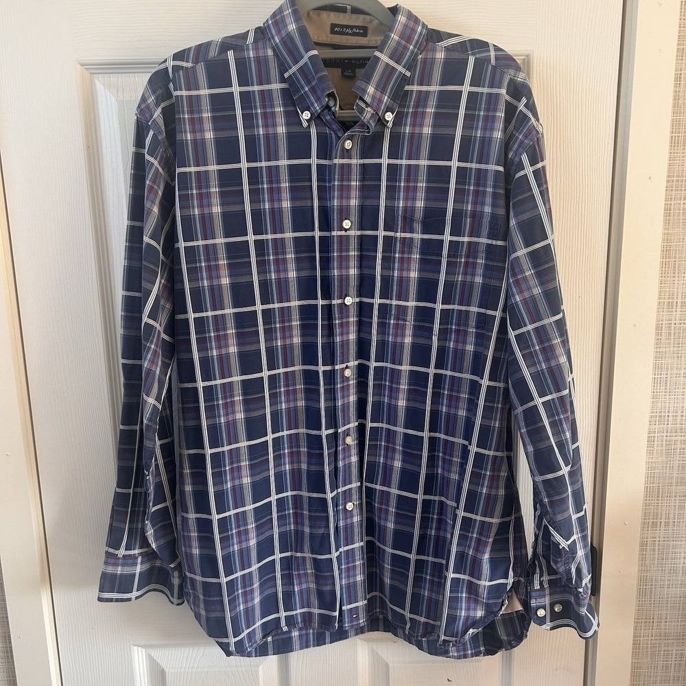 Tommy Hilfiger Men's Blue Plaid Long-Sleeve Button-Down Shirt‎ Size Large BxOO